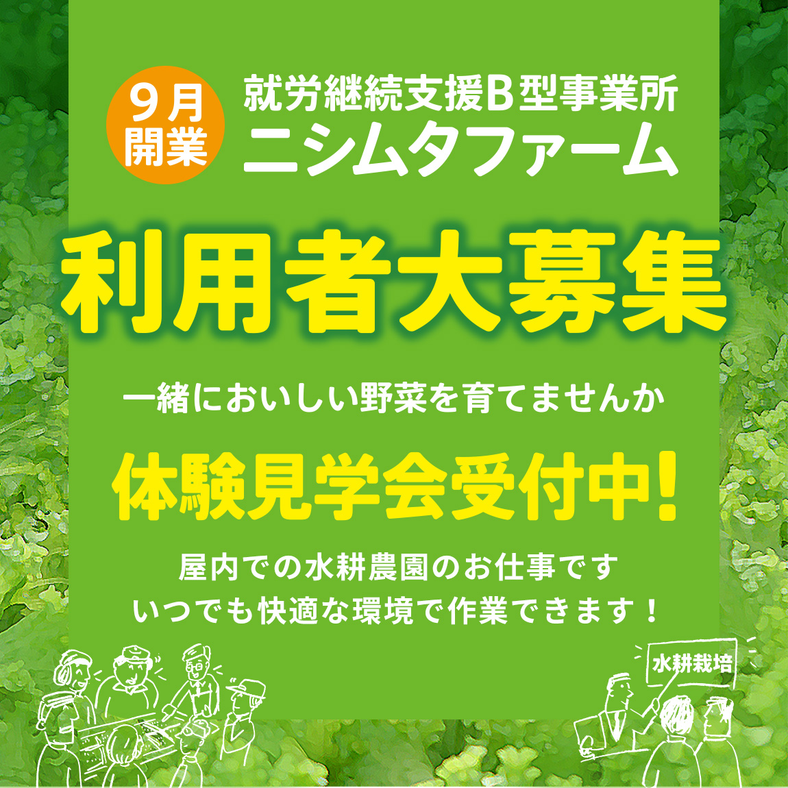 就労支援B型事業所 ニシムタファーム 利用者大募集 一緒においしい野菜を育てませんか 9月開業 体験見学会受付中！